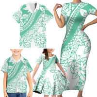 Polynesian Tiare Flower Cyan Pastel Vibes Family Matching Short Sleeve Bodycon Dress and Hawaiian Shirt