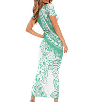 Polynesian Tiare Flower Cyan Pastel Vibes Family Matching Short Sleeve Bodycon Dress and Hawaiian Shirt