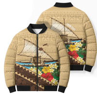 Personalised Bula Vinaka Fiji Drua Bomber Puffer Jacket Fijian Traditional Canoe Tapa Cloth Beige LT14 - Polynesian Pride
