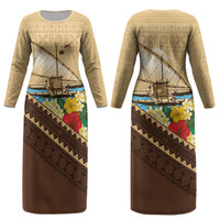 Personalised Bula Vinaka Fiji Drua Couples Matching Long Sleeve Bodycon Dress and Hawaiian Shirt Fijian Traditional Canoe Tapa Cloth Beige LT14 - Polynesian Pride