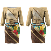 Personalised Bula Vinaka Fiji Drua Couples Matching Off The Shoulder Long Sleeve Dress and Hawaiian Shirt Fijian Traditional Canoe Tapa Cloth Beige LT14 - Polynesian Pride