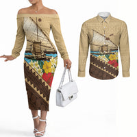 Personalised Bula Vinaka Fiji Drua Couples Matching Off The Shoulder Long Sleeve Dress and Long Sleeve Button Shirt Fijian Traditional Canoe Tapa Cloth Beige LT14 Beige - Polynesian Pride
