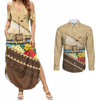 Personalised Bula Vinaka Fiji Drua Couples Matching Summer Maxi Dress and Long Sleeve Button Shirt Fijian Traditional Canoe Tapa Cloth Beige LT14 Beige - Polynesian Pride