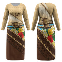 Personalised Bula Vinaka Fiji Drua Family Matching Long Sleeve Bodycon Dress and Hawaiian Shirt Fijian Traditional Canoe Tapa Cloth Beige LT14 Mom's Dress Beige - Polynesian Pride