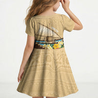 Personalised Bula Vinaka Fiji Drua Kid Short Sleeve Dress Fijian Traditional Canoe Tapa Cloth Beige LT14 - Polynesian Pride