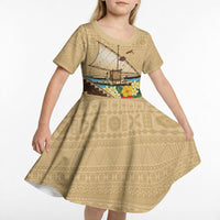 Personalised Bula Vinaka Fiji Drua Kid Short Sleeve Dress Fijian Traditional Canoe Tapa Cloth Beige LT14 - Polynesian Pride