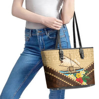 Personalised Bula Vinaka Fiji Drua Leather Tote Bag Fijian Traditional Canoe Tapa Cloth Beige LT14 - Polynesian Pride