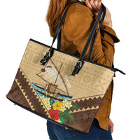 Personalised Bula Vinaka Fiji Drua Leather Tote Bag Fijian Traditional Canoe Tapa Cloth Beige LT14 - Polynesian Pride
