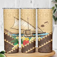 Personalised Bula Vinaka Fiji Drua Skinny Tumbler Fijian Traditional Canoe Tapa Cloth Beige LT14 - Polynesian Pride