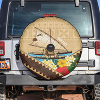 Personalised Bula Vinaka Fiji Drua Spare Tire Cover Fijian Traditional Canoe Tapa Cloth Beige LT14 Beige - Polynesian Pride