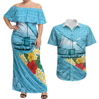 Personalised Bula Vinaka Fiji Drua Couples Matching Off Shoulder Maxi Dress and Hawaiian Shirt Fijian Traditional Canoe Tapa Cloth Blue LT14 Blue - Polynesian Pride