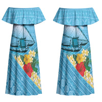 Personalised Bula Vinaka Fiji Drua Couples Matching Off Shoulder Maxi Dress and Long Sleeve Button Shirt Fijian Traditional Canoe Tapa Cloth Blue LT14 - Polynesian Pride
