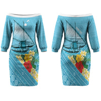 Personalised Bula Vinaka Fiji Drua Couples Matching Off The Shoulder Long Sleeve Dress and Hawaiian Shirt Fijian Traditional Canoe Tapa Cloth Blue LT14 - Polynesian Pride