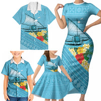 Personalised Bula Vinaka Fiji Drua Family Matching Short Sleeve Bodycon Dress and Hawaiian Shirt Fijian Traditional Canoe Tapa Cloth Blue LT14 - Polynesian Pride