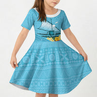 Personalised Bula Vinaka Fiji Drua Kid Short Sleeve Dress Fijian Traditional Canoe Tapa Cloth Blue LT14 KID Blue - Polynesian Pride