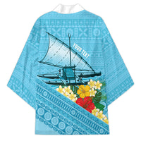 Personalised Bula Vinaka Fiji Drua Kimono Fijian Traditional Canoe Tapa Cloth Blue LT14 - Polynesian Pride
