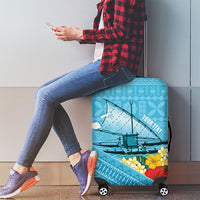 Personalised Bula Vinaka Fiji Drua Luggage Cover Fijian Traditional Canoe Tapa Cloth Blue LT14 - Polynesian Pride