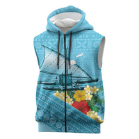Personalised Bula Vinaka Fiji Drua Sleeveless Zip Hoodie Fijian Traditional Canoe Tapa Cloth Blue LT14 Blue - Polynesian Pride