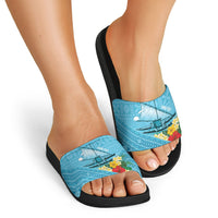 Personalised Bula Vinaka Fiji Drua Slide Sandals Fijian Traditional Canoe Tapa Cloth Blue LT14 - Polynesian Pride