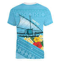 Personalised Bula Vinaka Fiji Drua Women V-Neck T-Shirt Fijian Traditional Canoe Tapa Cloth Blue LT14 - Polynesian Pride