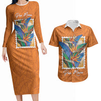 Aloha Hawaii Pua Manu Couples Matching Long Sleeve Bodycon Dress and Hawaiian Shirt Hawaiian Bird of Paradise Flowers Stylized Stamp LT14 Orange - Polynesian Pride