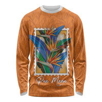Aloha Hawaii Pua Manu Long Sleeve Shirt Hawaiian Bird of Paradise Flowers Stylized Stamp LT14 Unisex Orange - Polynesian Pride