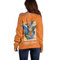 Aloha Hawaii Pua Manu Off Shoulder Sweater Hawaiian Bird of Paradise Flowers Stylized Stamp LT14 - Polynesian Pride