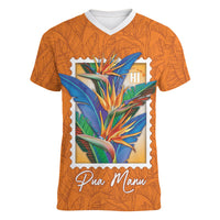 Aloha Hawaii Pua Manu Women V-Neck T-Shirt Hawaiian Bird of Paradise Flowers Stylized Stamp LT14 Female Orange - Polynesian Pride