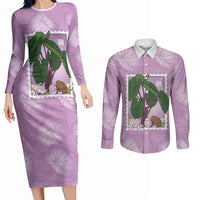 Aloha Hawaii Kalo Couples Matching Long Sleeve Bodycon Dress and Long Sleeve Button Shirt Hawaiian Taro Leaves Stylized Stamp LT14 Purple - Polynesian Pride