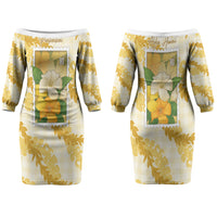 Aloha Hawaii Puakenikeni Couples Matching Off The Shoulder Long Sleeve Dress and Long Sleeve Button Shirt Hawaiian Lei Palaka Motifs Stylized Stamp LT14 - Polynesian Pride