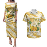 Aloha Hawaii Puakenikeni Couples Matching Puletasi and Hawaiian Shirt Hawaiian Lei Palaka Motifs Stylized Stamp LT14 Yellow - Polynesian Pride
