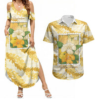 Aloha Hawaii Puakenikeni Couples Matching Summer Maxi Dress and Hawaiian Shirt Hawaiian Lei Palaka Motifs Stylized Stamp LT14 Yellow - Polynesian Pride