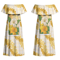 Aloha Hawaii Puakenikeni Family Matching Off Shoulder Maxi Dress and Hawaiian Shirt Hawaiian Lei Palaka Motifs Stylized Stamp LT14 Mom's Dress Yellow - Polynesian Pride