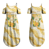 Aloha Hawaii Puakenikeni Family Matching Summer Maxi Dress and Hawaiian Shirt Hawaiian Lei Palaka Motifs Stylized Stamp LT14 Mom's Dress Yellow - Polynesian Pride