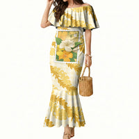 Aloha Hawaii Puakenikeni Mermaid Dress Hawaiian Lei Palaka Motifs Stylized Stamp LT14 Women Yellow - Polynesian Pride