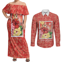 Aloha Hawaii Pua Aloalo Couples Matching Off Shoulder Maxi Dress and Long Sleeve Button Shirt Hawaiian Hibiscus Flowers Stylized Stamp LT14 Red - Polynesian Pride