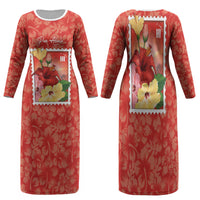 Aloha Hawaii Pua Aloalo Family Matching Long Sleeve Bodycon Dress and Hawaiian Shirt Hawaiian Hibiscus Flowers Stylized Stamp LT14 Mom's Dress Red - Polynesian Pride