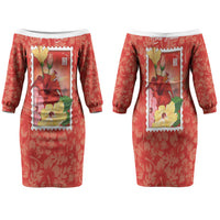 Aloha Hawaii Pua Aloalo Family Matching Off The Shoulder Long Sleeve Dress and Hawaiian Shirt Hawaiian Hibiscus Flowers Stylized Stamp LT14 Mom's Dress Red - Polynesian Pride