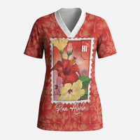 Aloha Hawaii Pua Aloalo Scrub Top Hawaiian Hibiscus Flowers Stylized Stamp LT14 Adult Red - Polynesian Pride