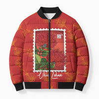 Aloha Hawaii Ohia Lehua Bomber Puffer Jacket Hawaiian Lei Stylized Stamp LT14 Unisex Red - Polynesian Pride