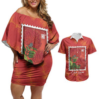 Aloha Hawaii Ohia Lehua Couples Matching Off Shoulder Short Dress and Hawaiian Shirt Hawaiian Lei Stylized Stamp LT14 Red - Polynesian Pride