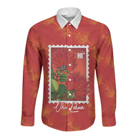 Aloha Hawaii Ohia Lehua Long Sleeve Button Shirt Hawaiian Lei Stylized Stamp LT14 Unisex Red - Polynesian Pride