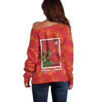 Aloha Hawaii Ohia Lehua Off Shoulder Sweater Hawaiian Lei Stylized Stamp LT14 - Polynesian Pride