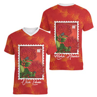 Aloha Hawaii Ohia Lehua Women V-Neck T-Shirt Hawaiian Lei Stylized Stamp LT14 - Polynesian Pride