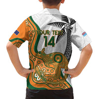 Custom Fiji And Australia Rugby Family Matching Long Sleeve Bodycon Dress and Hawaiian Shirt Fijian Palm Tree Mix Aussie Kangaroo LT14 - Polynesian Pride