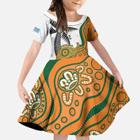 Custom Fiji And Australia Rugby Family Matching Long Sleeve Bodycon Dress and Hawaiian Shirt Fijian Palm Tree Mix Aussie Kangaroo LT14 Daughter's Dress Gold - Polynesian Pride