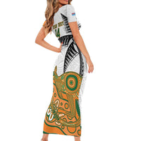 Custom Fiji And Australia Rugby Family Matching Short Sleeve Bodycon Dress and Hawaiian Shirt Fijian Palm Tree Mix Aussie Kangaroo