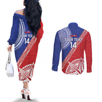 Tonga and Samoa Rugby Custom Couples Matching Off The Shoulder Long Sleeve Dress and Long Sleeve Button Shirt Ikale Tahi Manu Samoa Together - Polynesian Pride