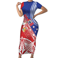 Tonga and Samoa Rugby Custom Short Sleeve Bodycon Dress Ikale Tahi Manu Samoa Together - Polynesian Pride