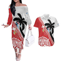 Fiji and Tonga Rugby Custom Couples Matching Off The Shoulder Long Sleeve Dress and Hawaiian Shirt Flying Fijians Ikale Tahi Together Pacific - Polynesian Pride